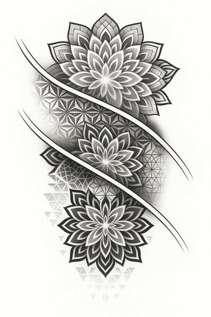 Three black and grey lotus mandalas connected by curved bands; a tattoo design idea, cover-up suitable.