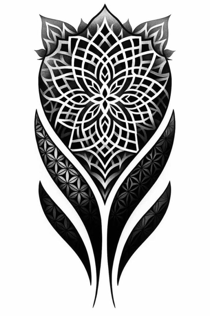 Lotus mandala with leaves in black and grey; tattoo project; cover-up suitable.