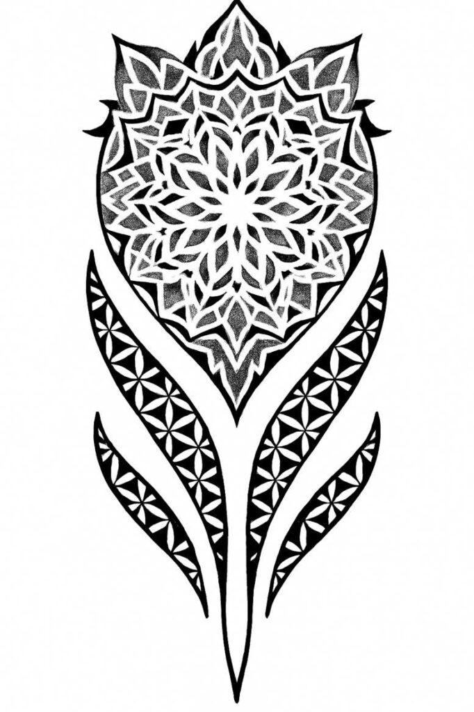 Lotus mandala in black and grey with three patterned stems and geometric petals; a tattoo concept.