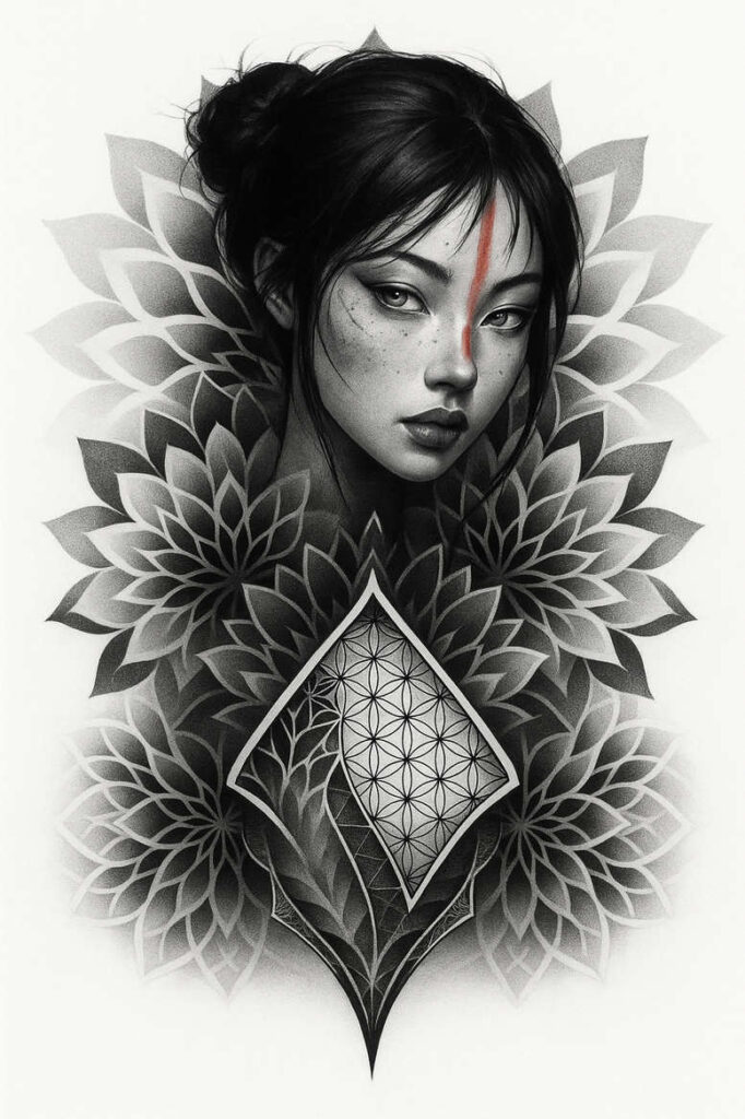 Portrait of a grayscale woman with a red forehead stripe, encircled by lotus-mandala petals and a geometric diamond shield.