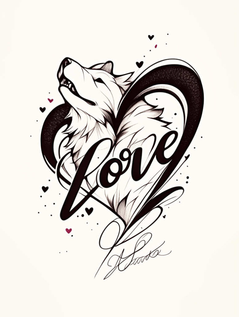 Black ink wolf head inside a heart, with 'Love' script and small hearts; black and white with pink accents; tattoo design idea; not a cover-up.