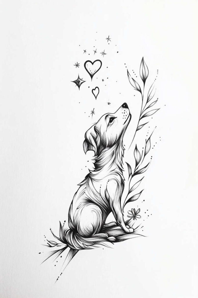 Black-and-white line art of a dog looking up at hearts and a leafy stem; tattoo design concept, not a cover-up.