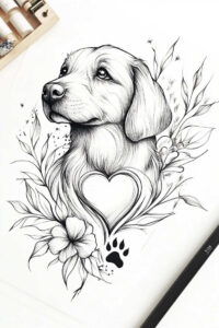 Black and grey line drawing of a dog with heart, paw print, and floral leaves; project idea; not suitable for cover-up.