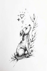 Black and grey dog, heart, star, leaf, and flower line art; tattoo design idea; not a cover-up.