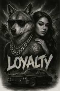 Black and grey scene with a wolf wearing sunglasses beside a woman; car, chain, and forearm tattoo visible; AI-generated tattoo project; cover-up suitable.