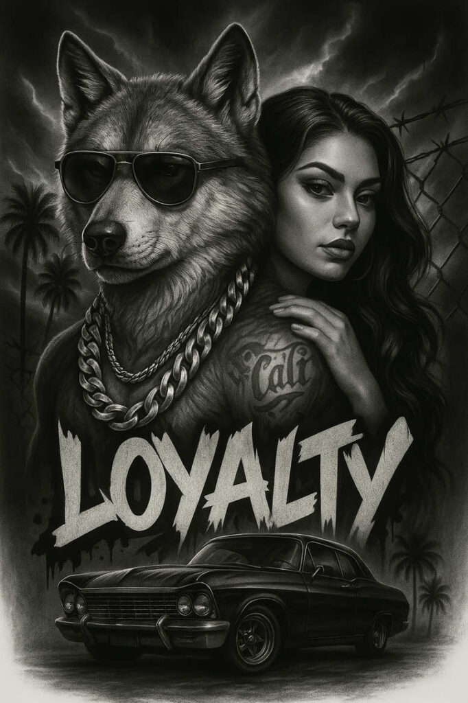 Black and grey scene with a wolf wearing sunglasses beside a woman; car, chain, and forearm tattoo visible; AI-generated tattoo project; cover-up suitable.
