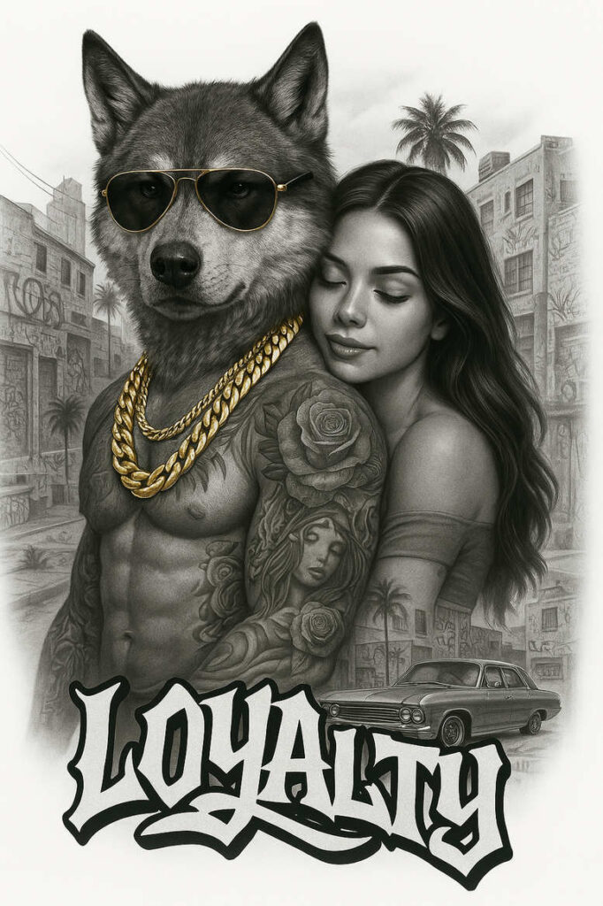 AI-generated tattoo project in black and grey: wolf-headed man wearing gold sunglasses and a heavy chain, embraced by a woman; arm tattoo with roses, a vintage car, and city backdrop; suitable for a cover-up.