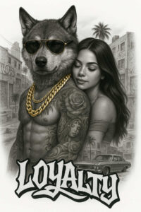 Wolf head with sunglasses and a gold chain on a tattooed torso; arm bears rose and portrait tattoos; car and city backdrop; black and grey with gold accents; AI-generated tattoo project; cover-up.