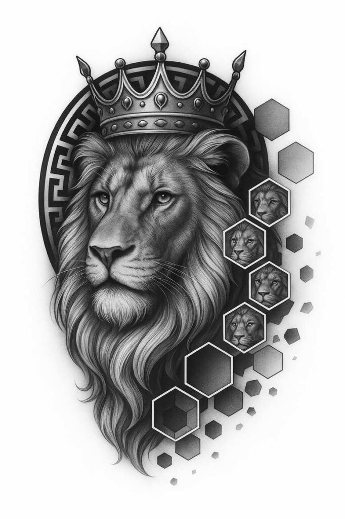 Lion head with crown in black and grey, circular ring behind, and hexagon panels; AI-generated tattoo project concept.