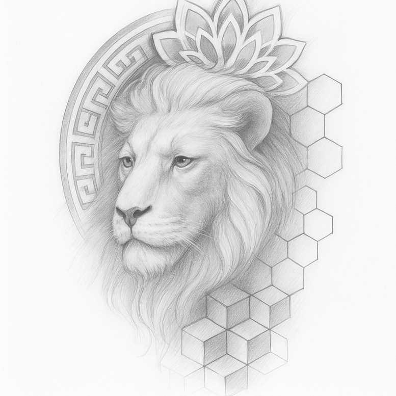 Black and grey pencil drawing of a lion's head with crown, within a circular frame and hexagon grid; tattoo design idea; not ideal for cover-up.