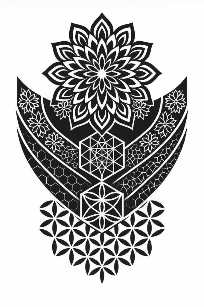 Black and grey tattoo design showing a central mandala bloom, curved bands with honeycomb panels, interlocking cubes, and a flower-of-life lattice; AI-generated tattoo project; suitable for cover-up.