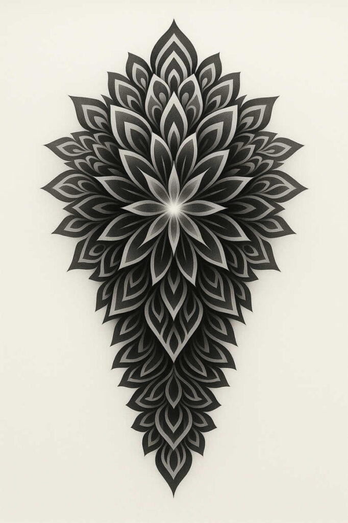 Mandala flower tattoo design in black and grey on light background; large, symmetrical petals form a tapering diamond shape; AI-generated tattoo project; suitable for a cover-up.
