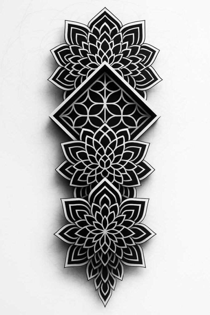 Black and grey mandala motifs arranged along a vertical chain around a central diamond frame; tattoo project concept; cover-up suitability: not ideal.