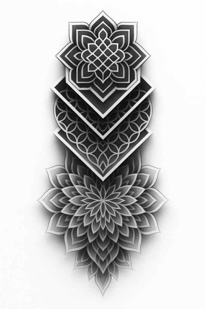 Black and grey mandala, diamond stack, and flower motif; AI-generated tattoo project; suitable for a cover-up; pattern-inspired design.