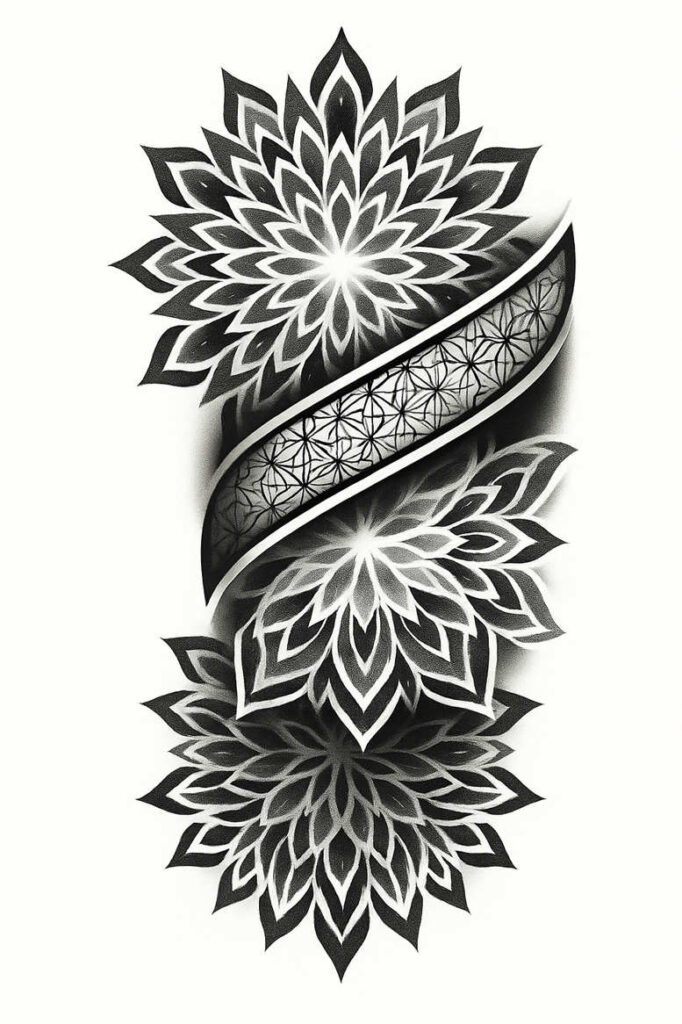 Black and grey mandala flowers connected by a curved band featuring a lattice pattern; tattoo design idea, cover-up ready.