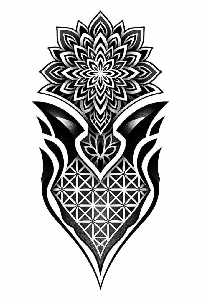 Flower at top with layered mandala petals above a geometric shield pattern in black and grey; tattoo project idea; cover-up ready.