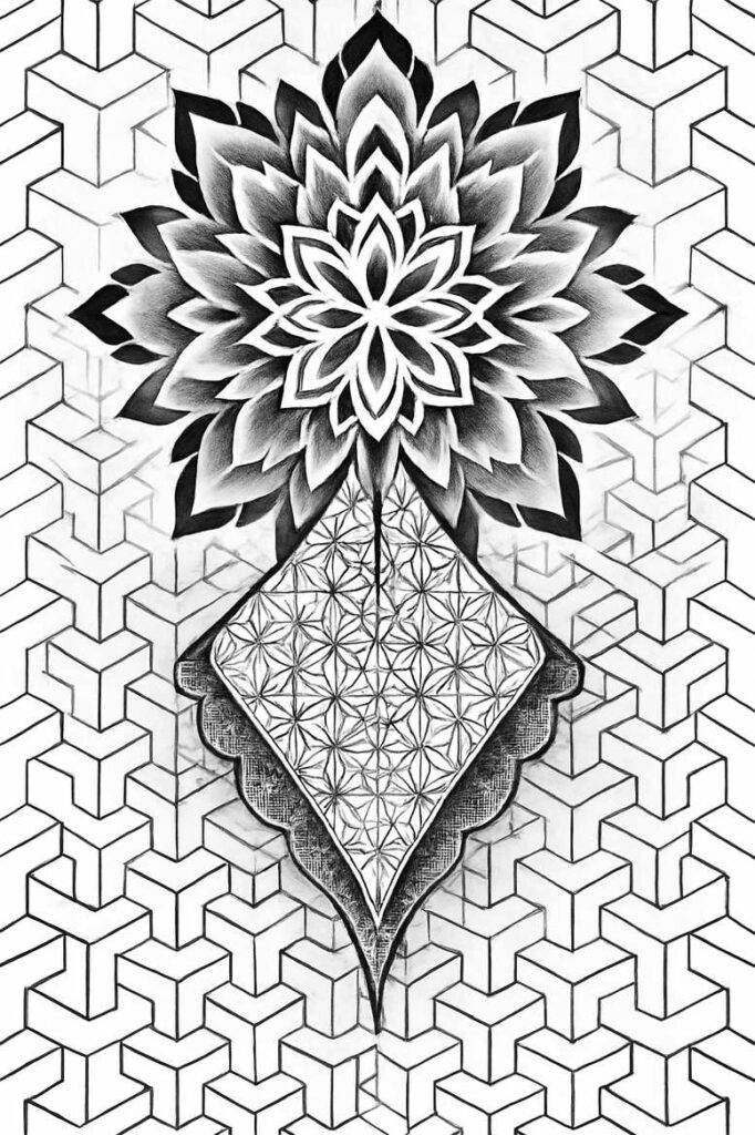 Flower above a diamond-shaped pendant with a cube-patterned backdrop in black and grey; AI-generated tattoo project idea; not for cover-up.