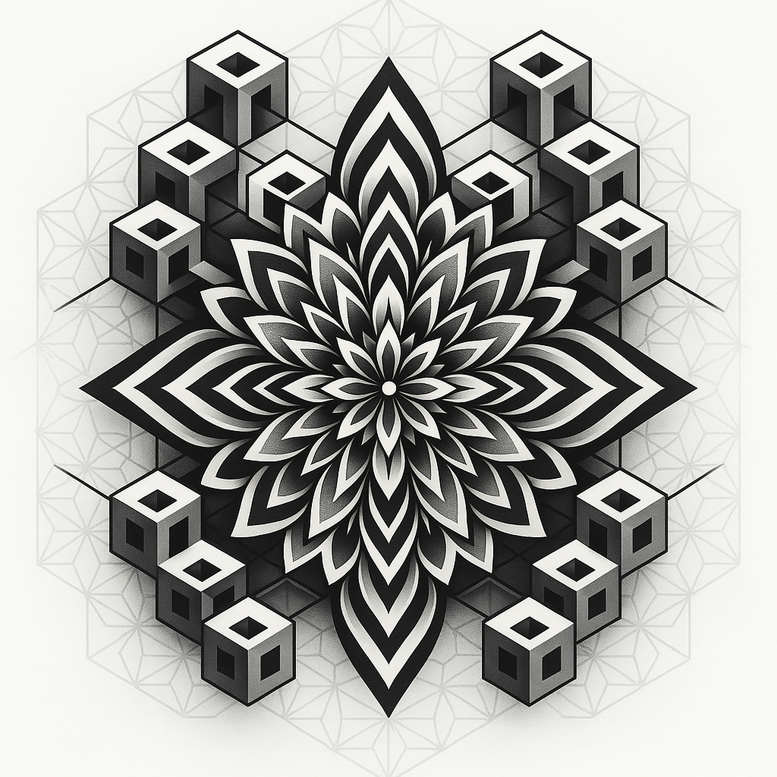 Black and grey mandala flower at the center with layered petals, encircled by geometric cubes; AI-generated tattoo project, design idea, suitable for a cover-up.