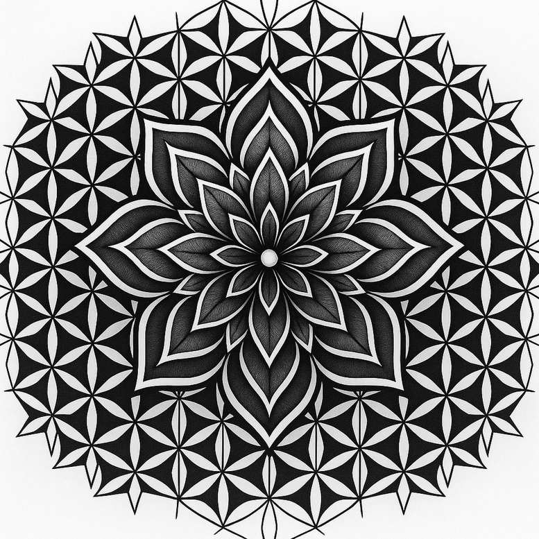 Black and grey mandala with layered petals forming a circular flower; central dot; geometric flower-of-life pattern; tattoo design project suitable for a cover-up.