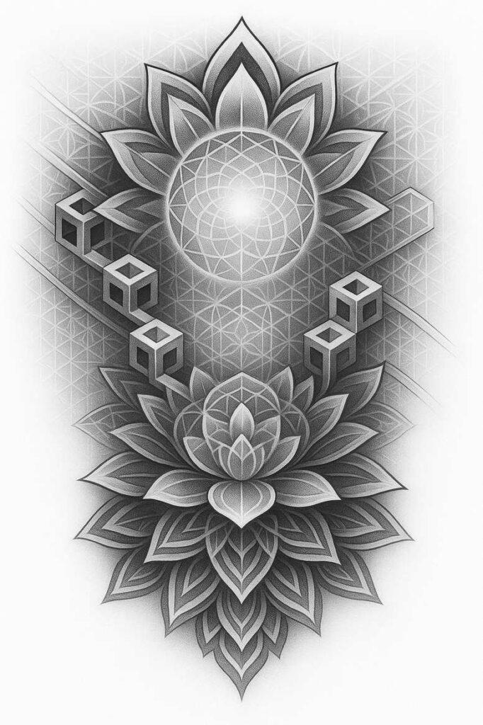 Mandala lotus and geometric cube tattoo design in black and grey; project idea; not ideal for a cover-up.