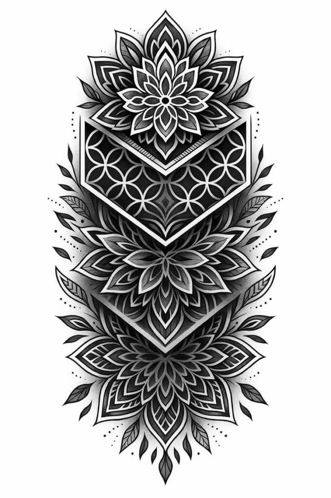 Black and grey mandala tattoo design with layered petals, circles, diamonds, and leaves; project idea, perfect for a cover-up.