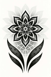 Black and grey mandala lotus tattoo design with geometric leaves; visible elements: mandala, petal, leaf; AI-generated tattoo project; cover-up suitable.