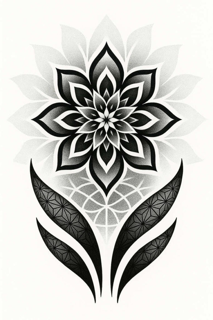 Black and grey mandala lotus tattoo design with geometric leaves; visible elements: mandala, petal, leaf; AI-generated tattoo project; cover-up suitable.