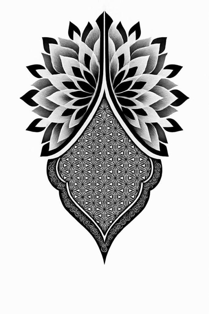 Black and grey tattoo design showing a shield with ornate outer border and layered petals above; visible elements: petal, shield, lattice pattern; AI-generated tattoo project; suitable for a cover-up.