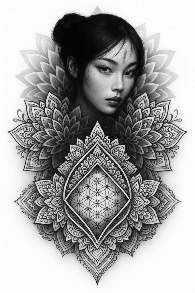 Face of a woman with a black and grey mandala pattern tattoo around the neck and chest; tattoo project, cover-up ready.