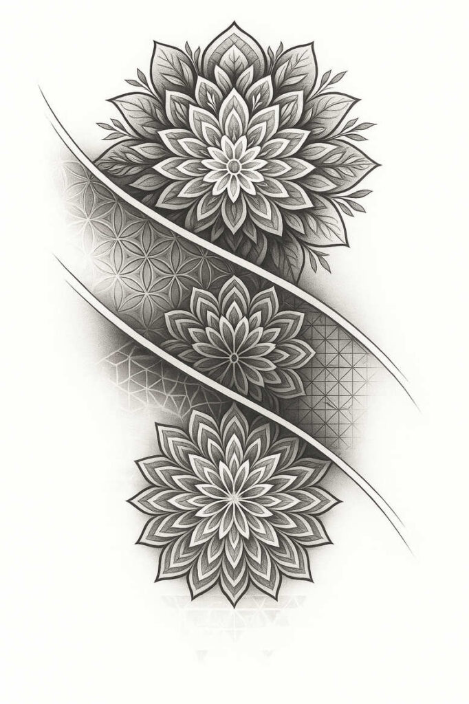 Three black and grey mandalas connected by curved bands; design concept for a fine line tattoo, geometric floral pattern, suitable as a tattoo project idea.
