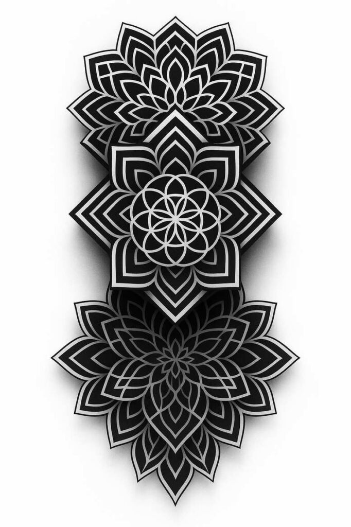 Three black-and-grey mandalas stacked vertically with crisp white outlines; a linework tattoo idea with a graphic pattern, suitable for a cover-up.