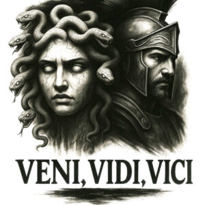 Medusa head with coiled snakes in black and grey beside a Roman warrior in a helmet; VENI, VIDI, VICI at the bottom; tattoo design project, AI-generated, suitable for a cover-up.