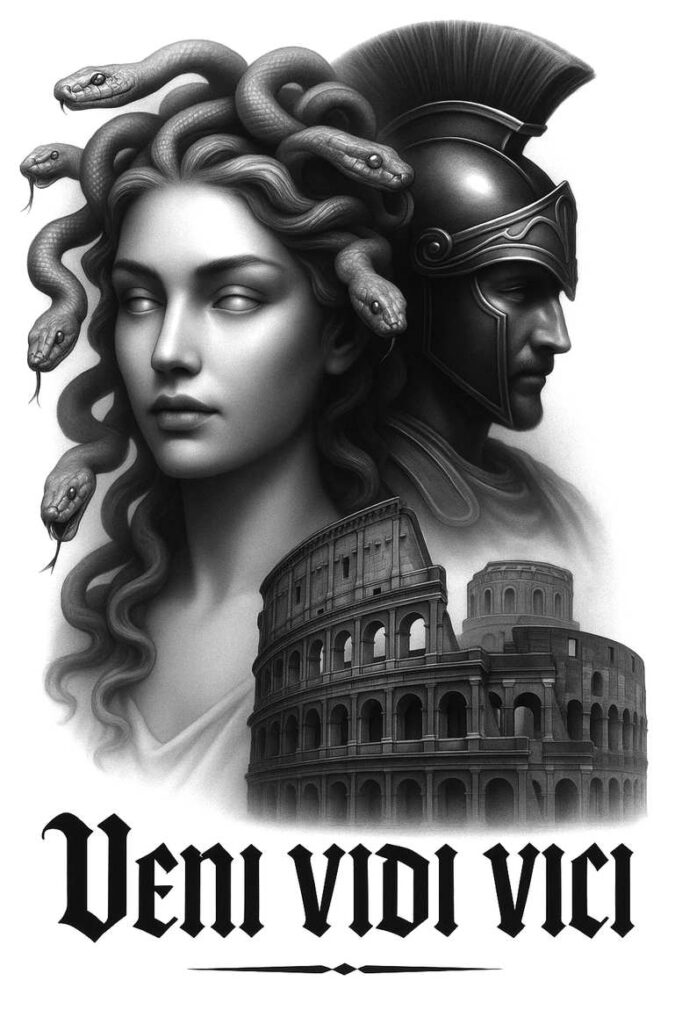 Medusa head with coiling snakes, a helmeted Roman warrior, and the Colosseum in grayscale; a grayscale tattoo project idea, suitable for cover-up.