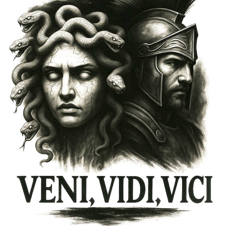 Medusa head, snakes, and helmet in black and grey; tattoo design concept, cover-up suitable.