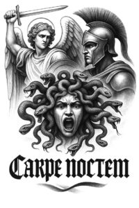 Medusa head with coiling snakes, juxtaposed with an angel and a helmeted warrior in black and grey; tattoo project; cover-up ready.
