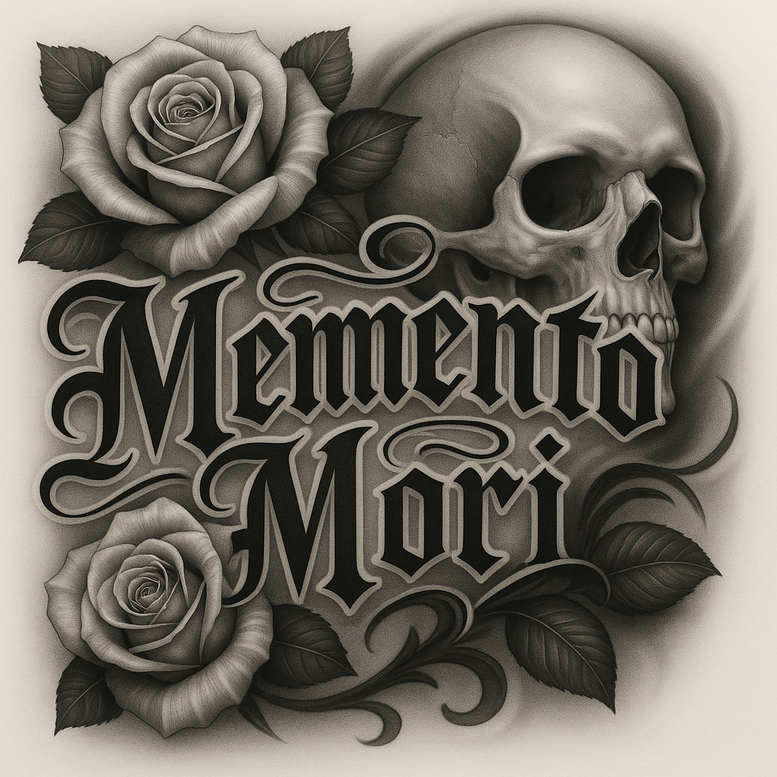 Skull on the right with roses and leaves in black and grey; tattoo design concept; cover-up-ready.