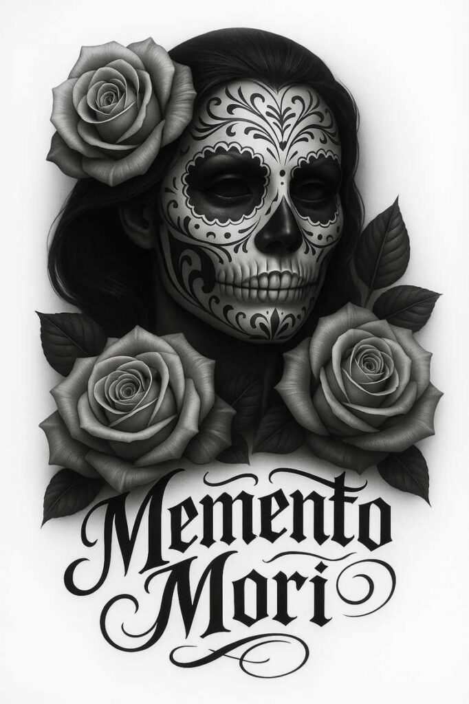 Skull with ornate sugar skull pattern, grayscale roses and leaves, Memento Mori text; black and grey; tattoo project; cover-up suitable.