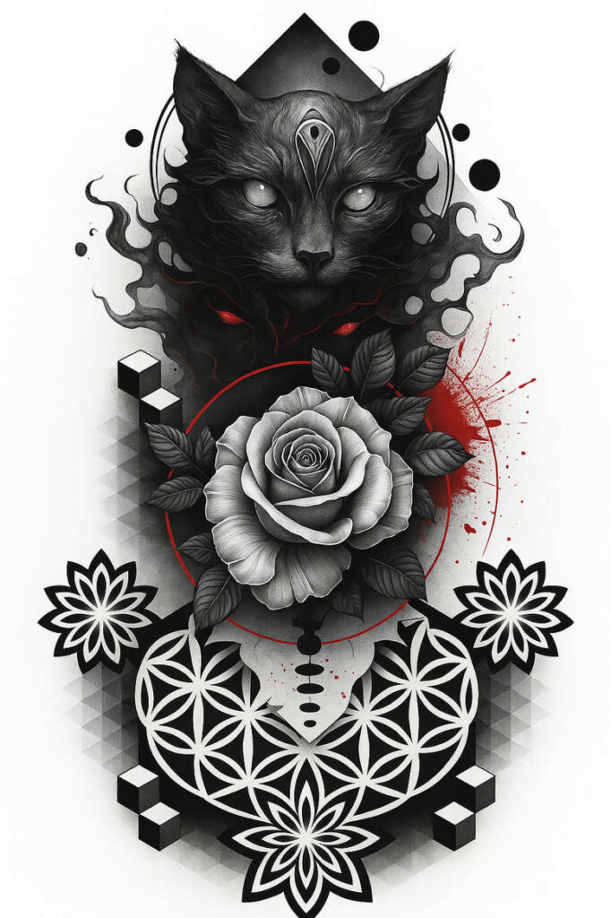 Cat head and rose in black and grey with leaves, circles, triangles, cubes; AI-generated tattoo project; cover-up suitable.