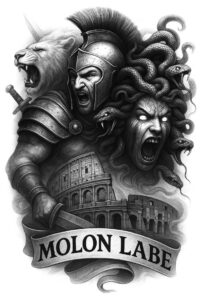 Black and grey tattoo design featuring a warrior in helmet with sword, snarling lion, Colosseum, Medusa hair with snakes, and a Molon Labe banner; project for cover-up.