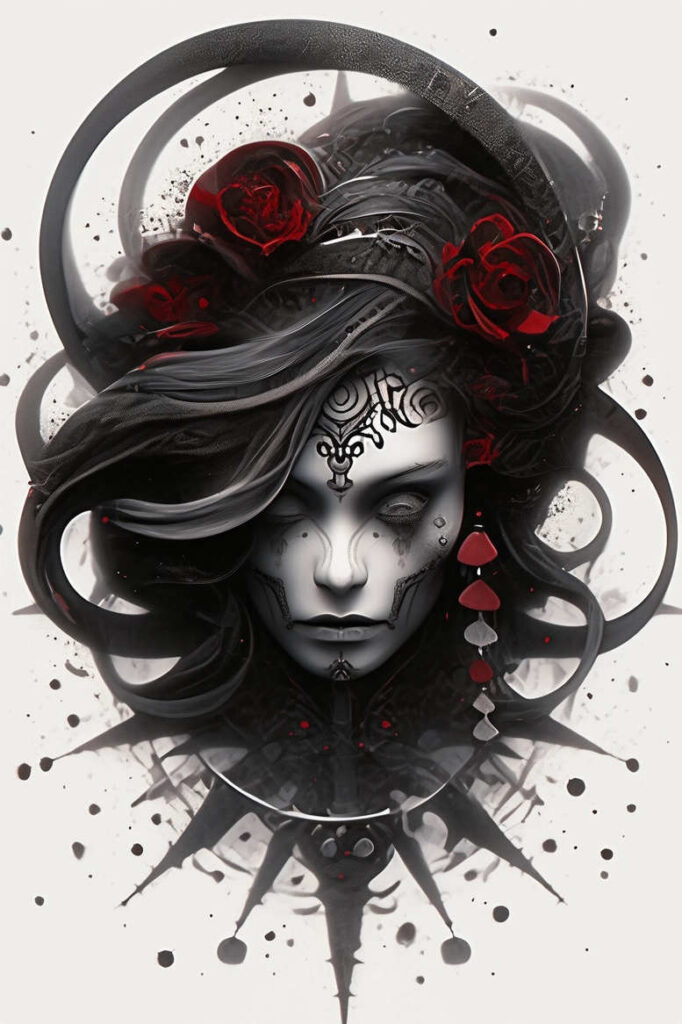 Face in black and grey with ornate forehead motif, flowing hair, red roses in hair, ring around the neck, and teardrop earrings; cover-up-ready AI-generated tattoo concept.