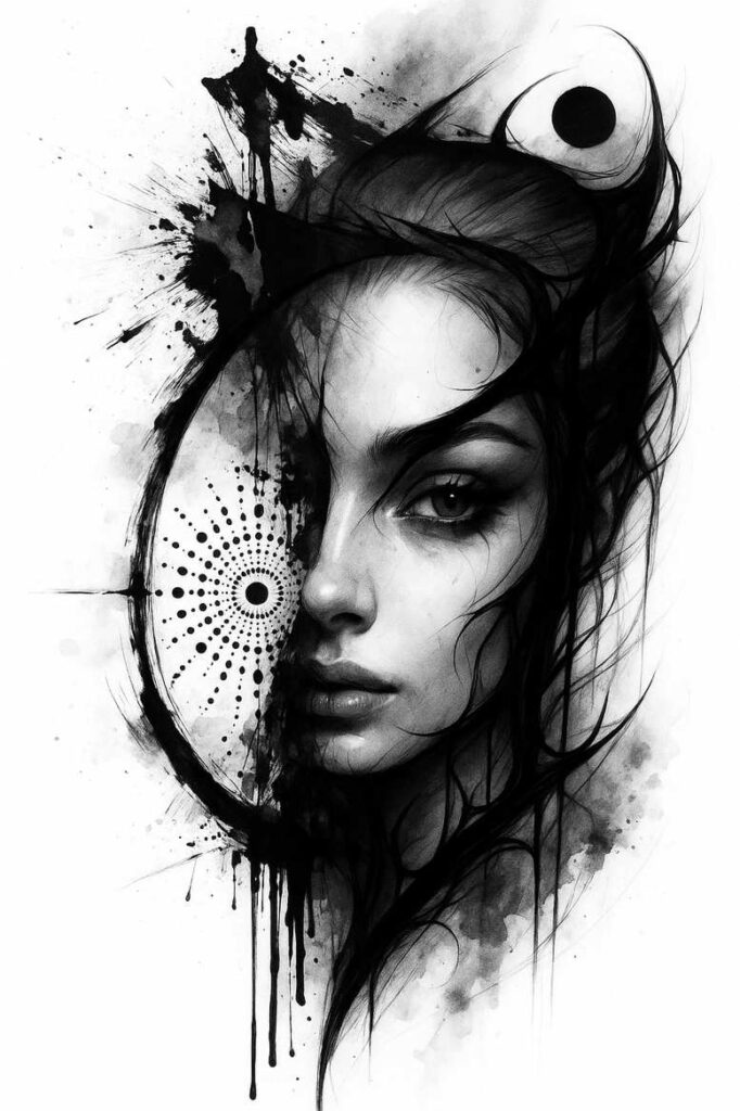 Face, hair, eye, circle, splash; black and grey; project; cover-up suitable.