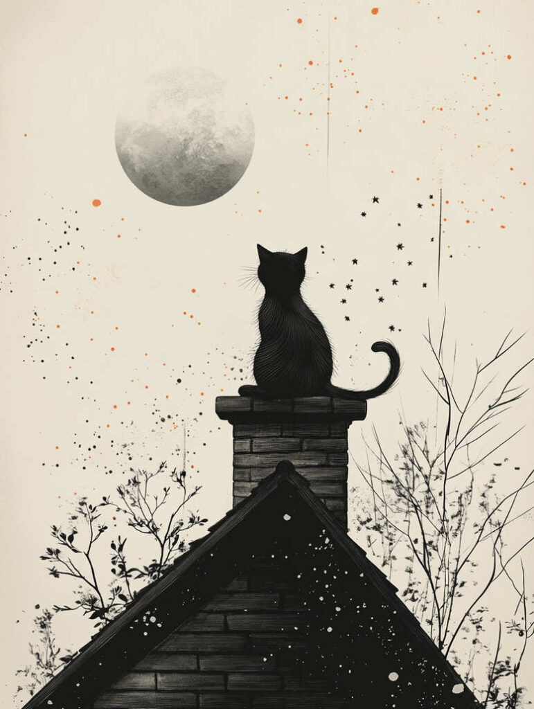 Cat silhouette perched on a chimney atop a rooftop under a pale moon, with leafless branches and orange splatters; black and grey tattoo project with pattern, suitable for a cover-up.