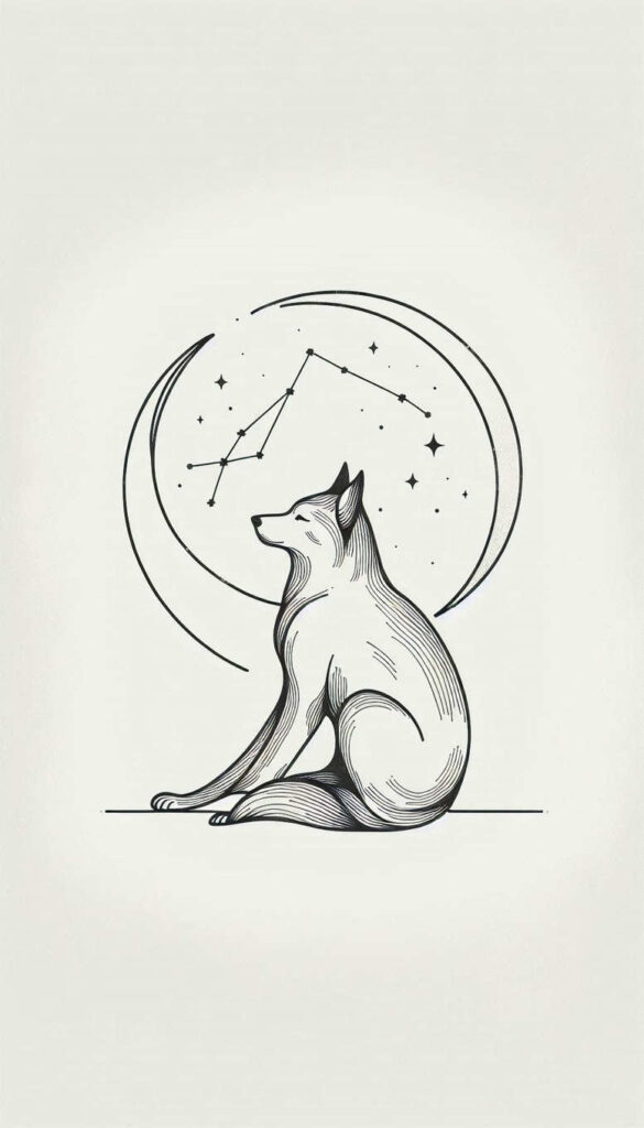 Dog, moon, stars, constellation, and circle in black line work; black ink on white background; tattoo design idea; suitable for a cover-up.