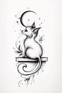 Black and grey cat sitting on a bench beneath a crescent moon with leaves and stars; AI-generated tattoo project idea; not specifically for cover-up.