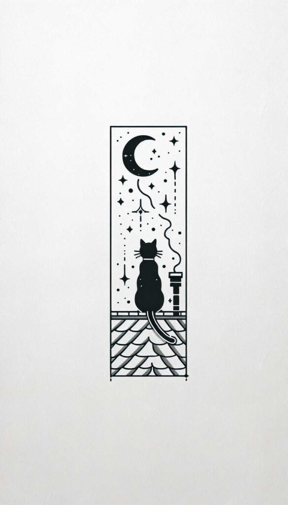 Black and grey illustration of a cat sitting on a tiled rooftop beneath a crescent moon and stars, with a chimney and rising steam; a project idea for a cover-up.