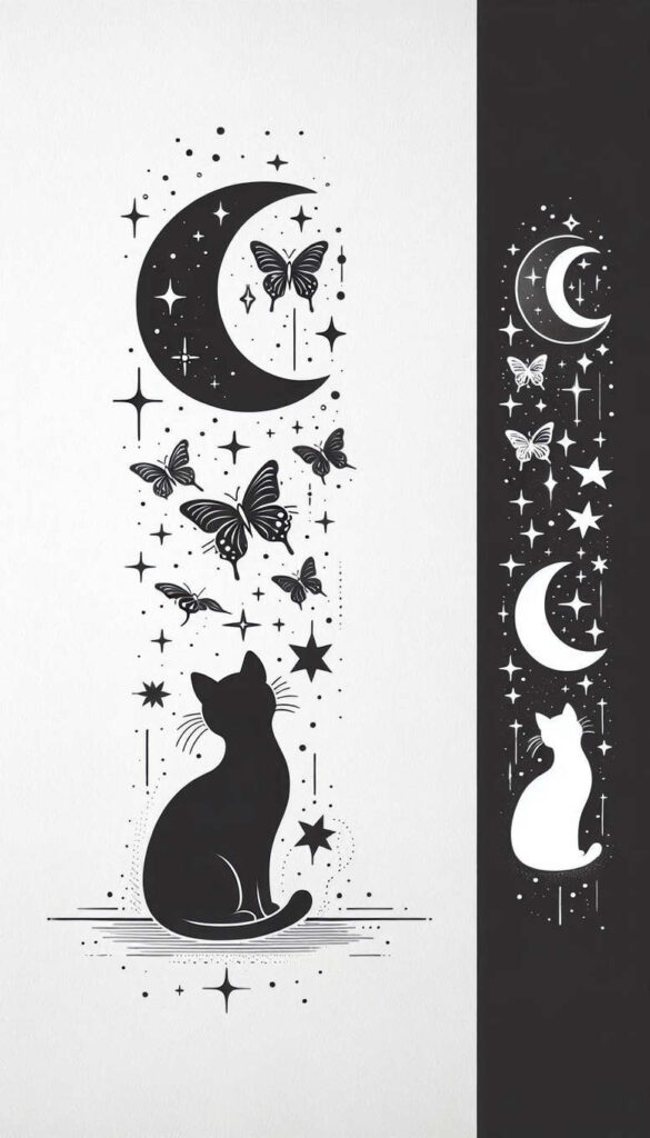 Black cat silhouette with crescent moon, butterflies, and stars on white panel; white silhouettes on black panel; tattoo project concept; cover-up ready.