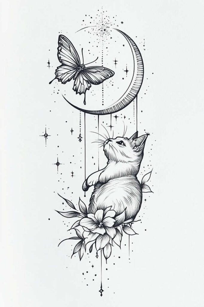 Cat, moon, butterfly, flower, leaf, and star in black and grey line art; tattoo design idea; not a cover-up.