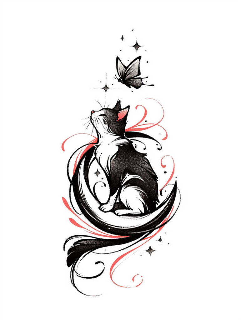 A black and white cat sitting with a red swirl motif, butterfly above, and small stars; black and red ink illustration; AI-generated tattoo project.