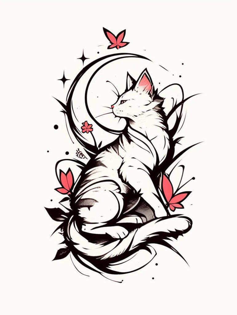 Cat, moon crescent, and pink flowers in black ink on a light background; black and pink color scheme; AI-generated tattoo project; not suitable for cover-up.