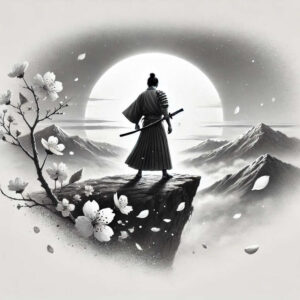 Samurai in black and grey on a rocky cliff with katana, cherry blossom branch, petals, moon, and distant mountains.